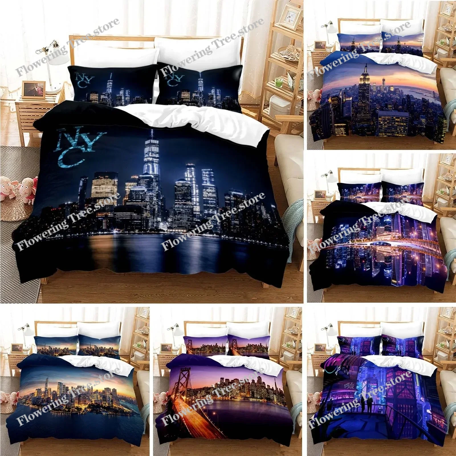 Home Textiles New York - 뉴욕시 야경 침구 세트 퀸 킹
